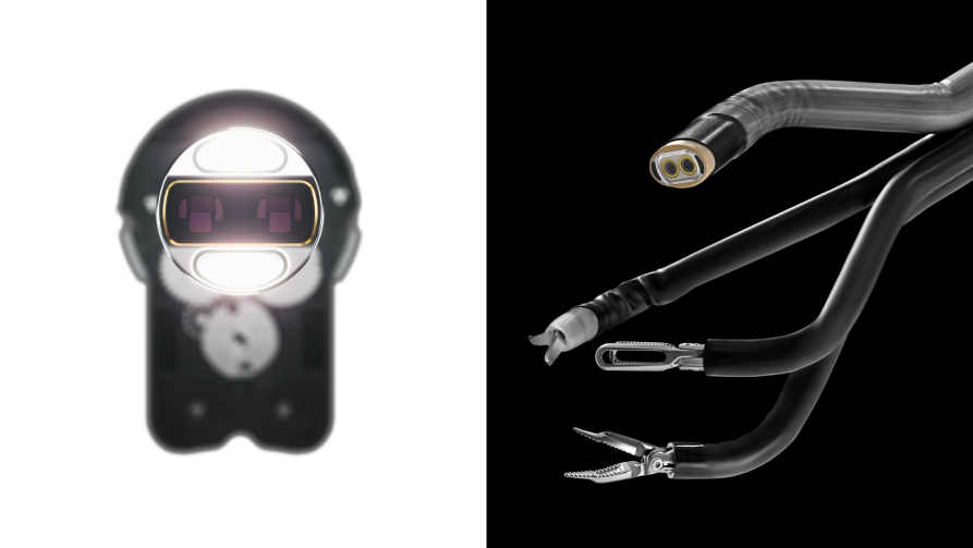 Image of the distal end of an endoscope displaying two lenses and two fiberoptic lights next to an image of the da Vinci SP endoscope with forcep, retractor, and scissor.