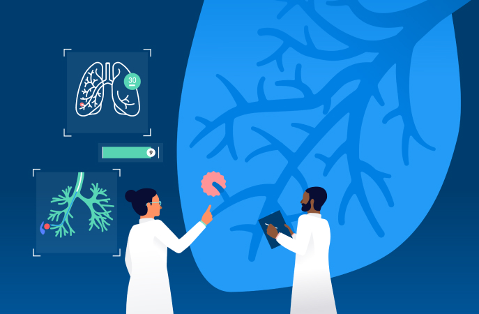 Illustration of doctors discussing a lung scan